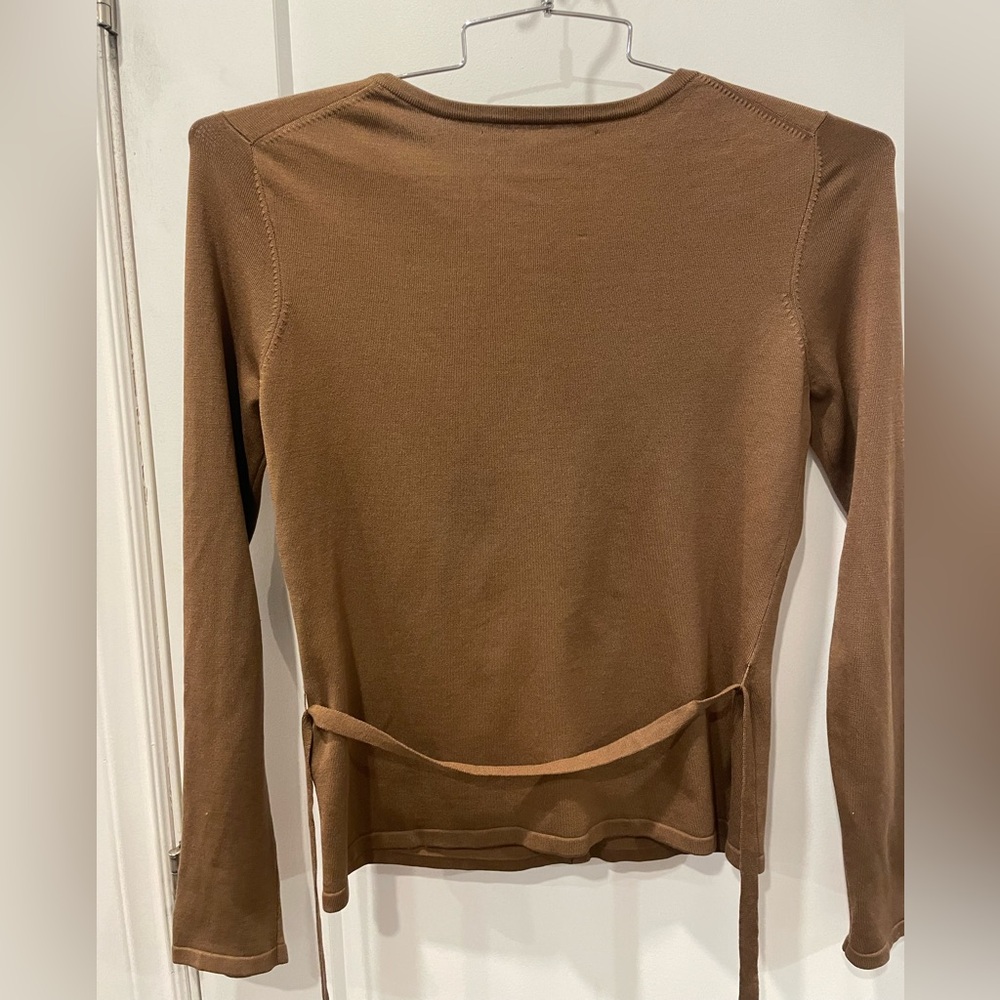 Silk Brown Button-Up Women's cardigan with tie waist - Picture 6 of 16